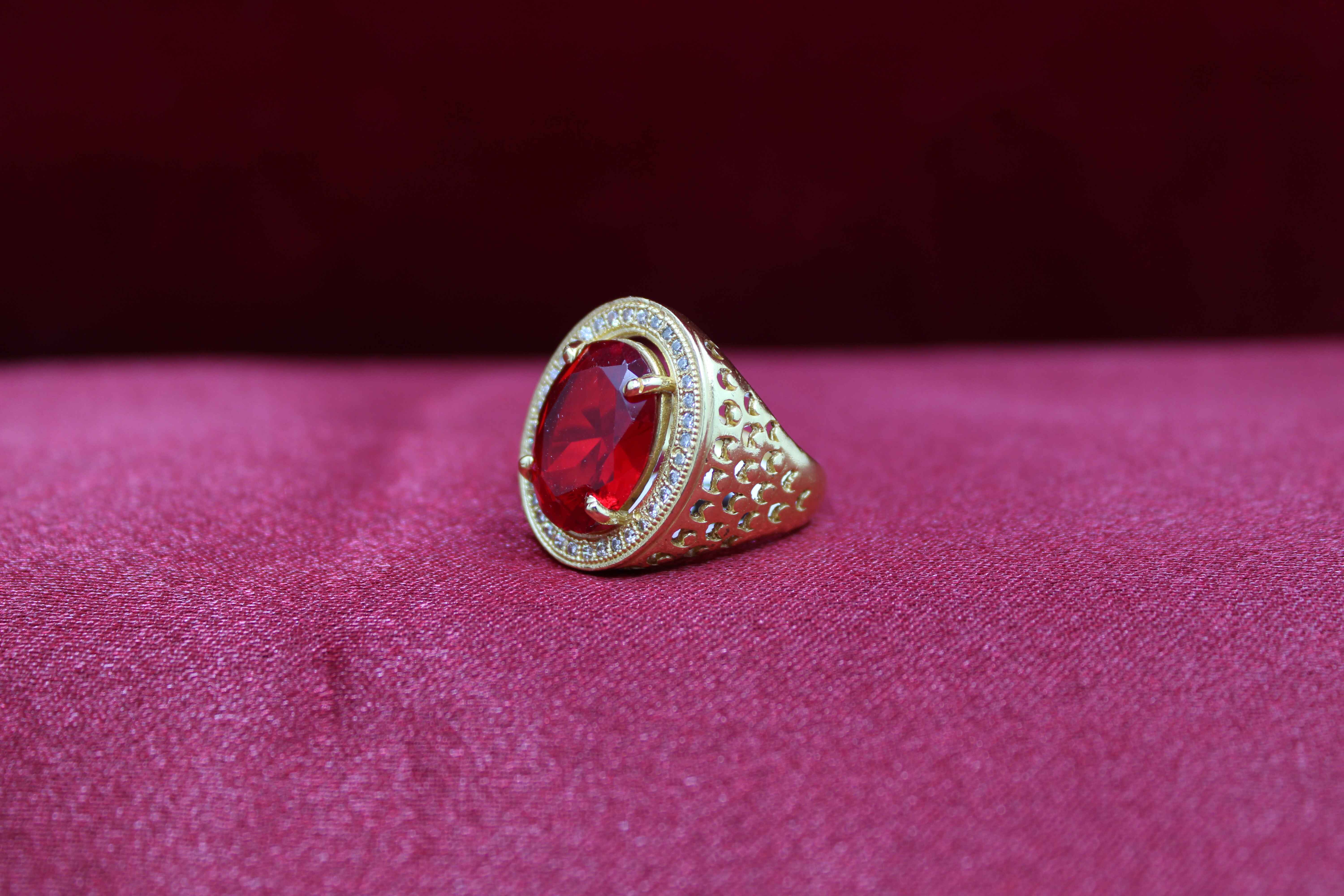 1 Gram Gold Plated Red Stone With Diamond Antique Design Ring For Men
